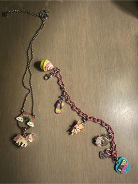 Kids Pink Charm Bracelet and Rainbow Unicorn Necklace Set